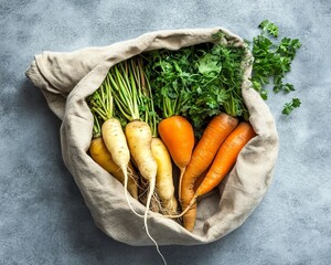 Cloth Produce Bag with Root Vegetables and Herbs on Concrete Background
