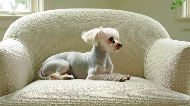 Designer dog on boucle chair in neutral interior