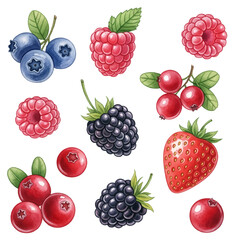 Types of Berries Isolated on Transparent PNG Background - Watercolour Art