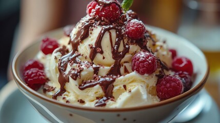 Delicious ice cream with raspberries and chocolate sauce