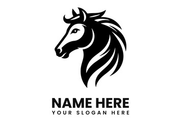 A stylized black and white illustration of a horse's head, with text below.