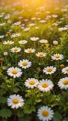 Close-up of numerous daisies blooming in a sunny field at sunset