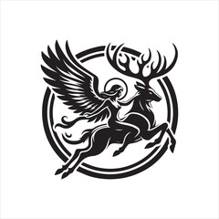 Fototapeta premium Winged woman gracefully riding a majestic stag, encircled by a symbolic halo, depicted in a stylized black and white illustration.