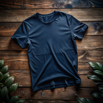 Navy Blue T Shirt Mockup on Rustic Wood with Greenery Accent