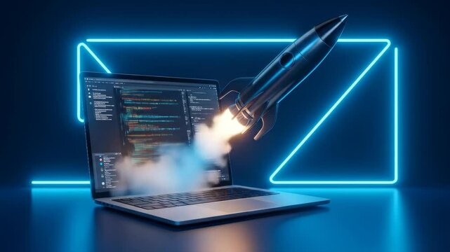 Fast Email Delivery and Coding Launch - A rocket launching from a laptop screen displaying code