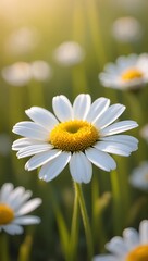 Fototapeta premium Close-up of a single daisy in a field, bathed in sunlight, showcasing its delicate white petals and vibrant yellow center.