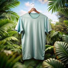 T shirt Mockup Hanging in Lush Tropical Rainforest Setting with Blue Sky