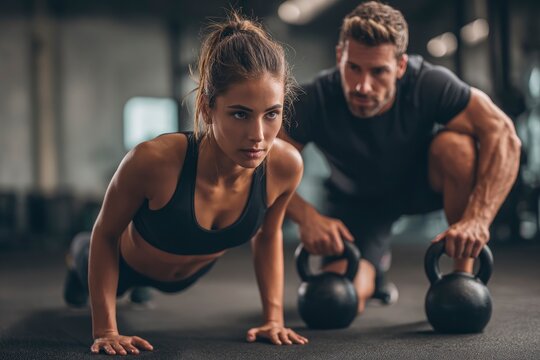 Woman does pushups on floor with trainer hands on kettlebells in gym