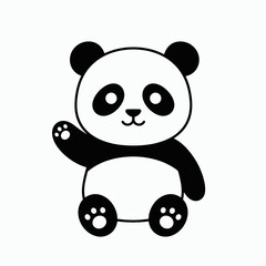 A cute panda sits waving hello with large eyes a small nose and mouth