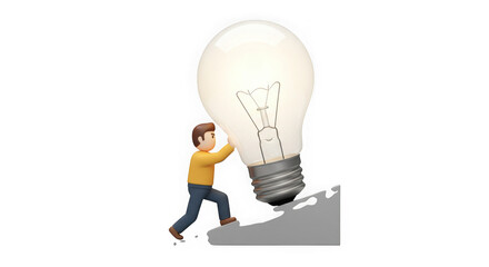 Achieving Great Ideas: Man Pushing Giant Lightbulb - Concept Illustration