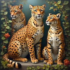 Feline family in a forest. Three leopards sitting calmly among flowers and leaves. Wild nature in harmony.