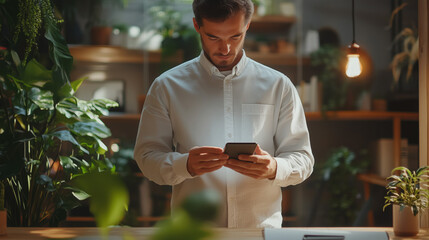 a man using smartphone for business planning in the morning