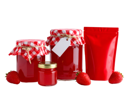 Strawberry jam assortment in jars and pack with gingham lids on transparent backdrop red fruit preserves homemade gourmet ingredients dessert still life for recipe illustration or market promotion