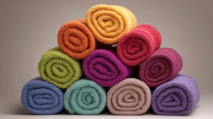 Rolled towels in rainbow hues form a pyramid structure, perfect for spa, home, or retail presentation.
