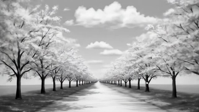 Serene Black and White Cherry Blossom Path - A picturesque black and white video depicts a tranquil path lined with blossoming cherry trees under a cloudy sky. The scene evokes a sense of peace and se