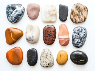 Naklejka premium Colorful Polished Stones and Sandstone Minimal Flat Lay