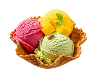 Colorful Assorted Ice Cream Scoops in Waffle Bowl with Mango, Pistachio, and Strawberry Flavors – isolated on transparent background
