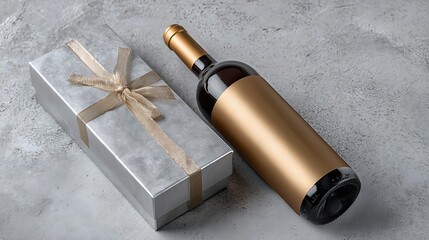 The dark glass wine bottle paired with a shiny gift box suggests luxury, taste, and thoughtful gifting.

