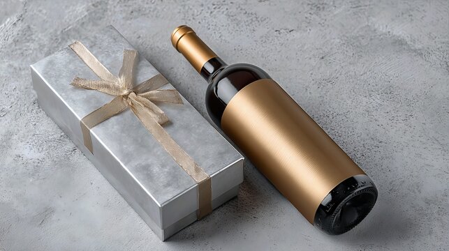 The dark glass wine bottle paired with a shiny gift box suggests luxury, taste, and thoughtful gifting.
