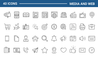 Media and Web set of web icons in line style. Social Media icons for web and mobile app. Containing media, website, marketing, business, social network, profile, page, rating, social links and more