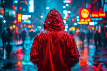 Mysterious Figure in Red Raincoat on Neon Lit City Street at Night
