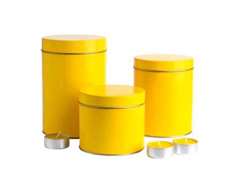 Vibrant yellow containers stand in arrangement commercial industrial packaging mockup with copy space on transparent backdrop - Powered by Adobe