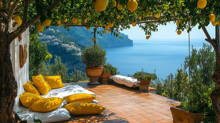 A beautiful view of the ocean with a lemon tree in the background. The lemon tree is covered in lemons and the view is serene and peaceful
