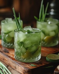 Lemongrass mint iced mocktail in frosted glass, fresh sliced lemongrass floating inside