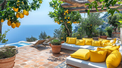 A beautiful view of the ocean with a lemon tree in the background. The lemon tree is covered in lemons and the view is serene and peaceful