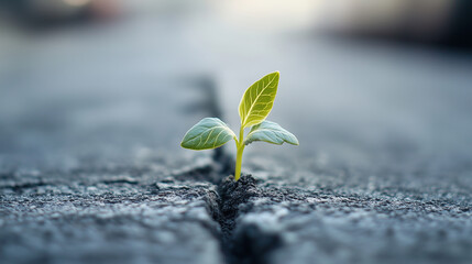 A small green plant is growing out of a crack in a concrete sidewalk. Concept of resilience and hope, as the plant is able to grow and thrive in an unlikely environment