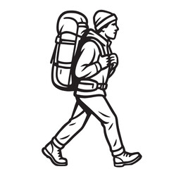 Fototapeta premium Vector of a male mountain hiker carrying a large backpack, illustrated in black and white with bold black outlines only.