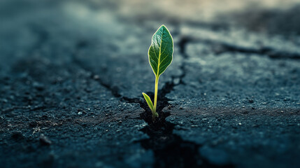 A small green plant is growing out of a crack in a concrete sidewalk. Concept of resilience and hope, as the plant is able to grow and thrive in an unlikely environment