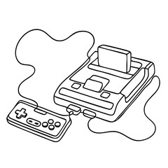 Vector line art of a retro gaming console and controller, drawn in a playful continuous line style