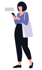 Woman giving online customer review vector illustration.