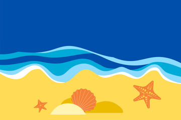 Ocean and beach with seashells and starfish — Summer concept vector illustration.