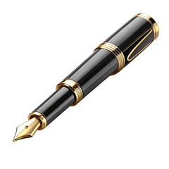 Elegant black and gold fountain pen on transparent background