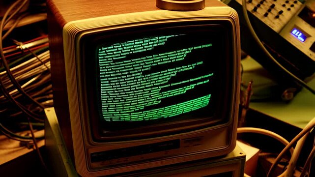 Vintage television with retro code animation and glitch effects on tube screen