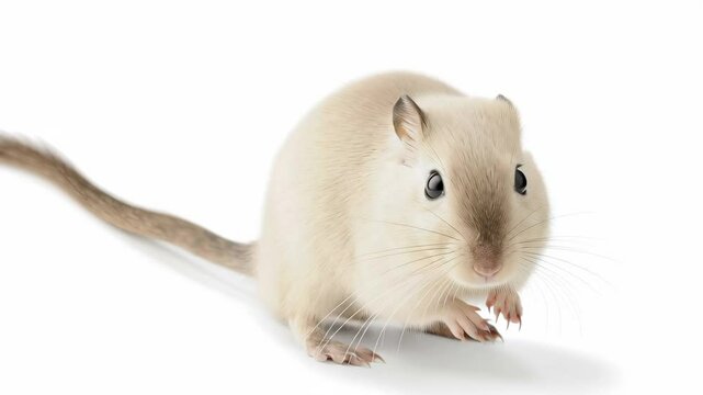 White gerbil sitting alert with long tail, soft fur, large dark eye. Clean white background studio shot showing rodent details.