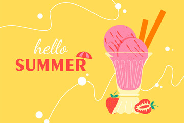 Pink strawberry ice cream with abstract wave lines — Summer concept vector illustration.