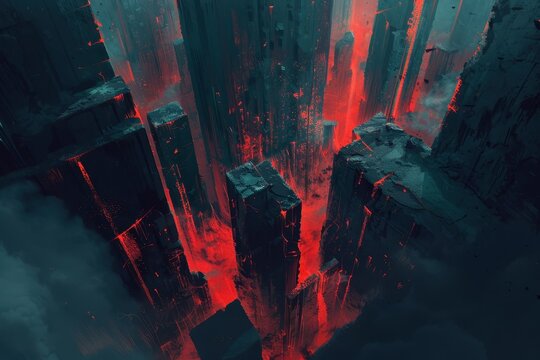 Crimson-Lit Metropolis of Obsidian Blocks: A Futuristic, Epic Perspective