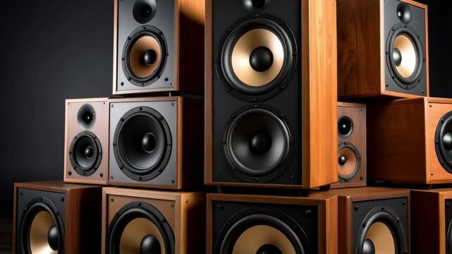 Stack of wooden speakers with brown and black finish, studio audio equipment for music production and entertainment, speakers in various sizes