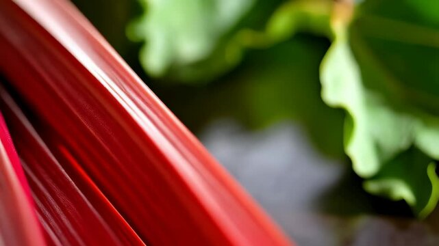 Macro shot of fresh rhubarb stalks with green leaves, vibrant red and green colors and textures, healthy eating, garden vegetable.