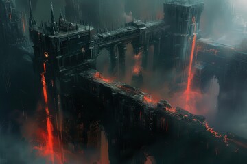 Dark, Gothic Metropolis Bridge of Molten Lava