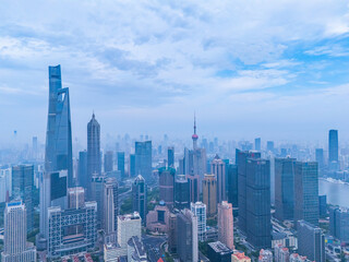 Aerial view of Shanghai skyline in downtown on cloudy day.