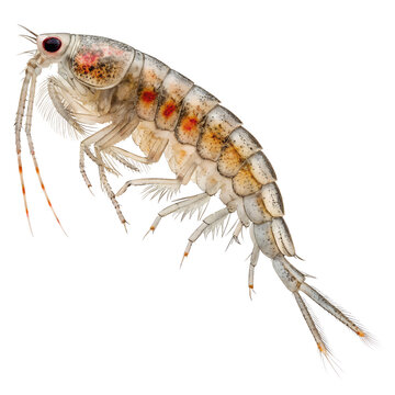 A close-up view of a translucent amphipod with a segmented body and long antennae. The creature displays red and orange markings on its sides.