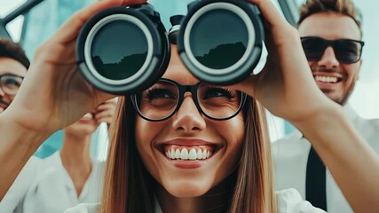 A visionary businesswoman looks through binoculars with her smiling team behind her - Powered by Adobe