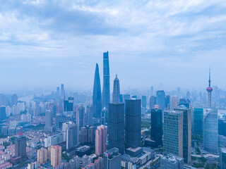 Aerial view of Shanghai skyline in downtown on cloudy day.