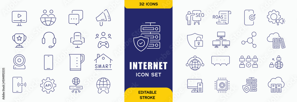 Wall mural internet technology outline icons set. the collection includes business and development, programming