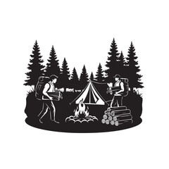 Black and White Camping Scene of Two Hikers Gathering Wood