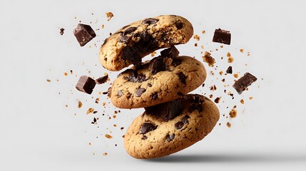 Towering Stack of Golden Brown Chocolate Chip Cookies on a White Background